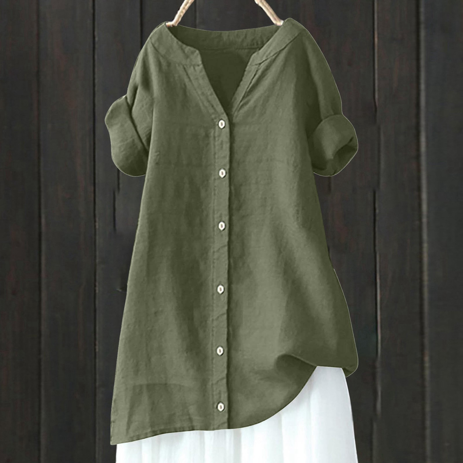 thumbnail image 2 of Camisa de lino para mujer: talla grande, manga corta, cuello en V, color liso, 2 of 4